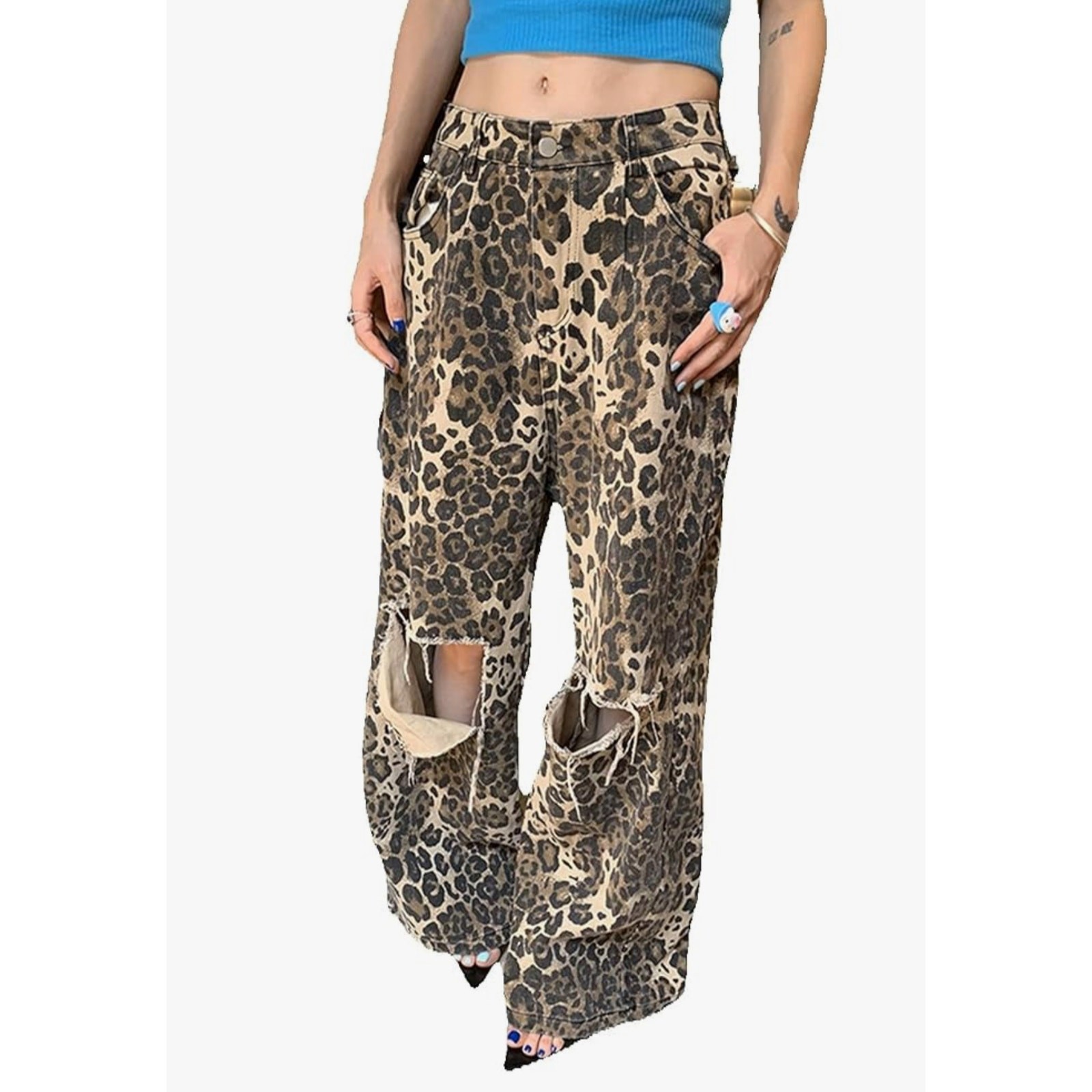 Women High Waist Ripped Baggy Straight Leg Trendy Denim Pants Leopard Print W28