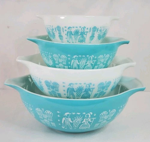 Pyrex Amish Butterprint Cinderella Mixing Bowls Set 4 Turquoise 441 442 443 444
