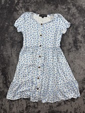 Three Pink Hearts Dress, Women's Size XL, Blue/White Flowers Button Down Dress
