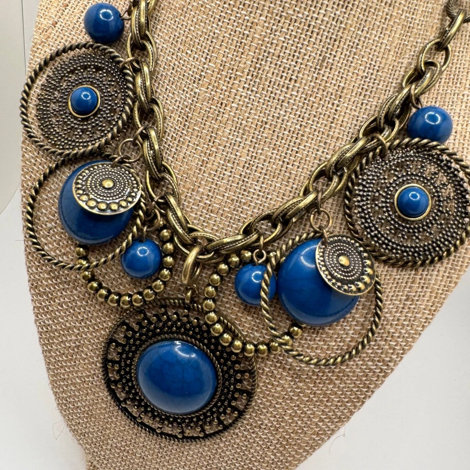 Premier Designs Bib Necklace Indigo Antique Finish Brass Blue Stones - Image 3 of 4