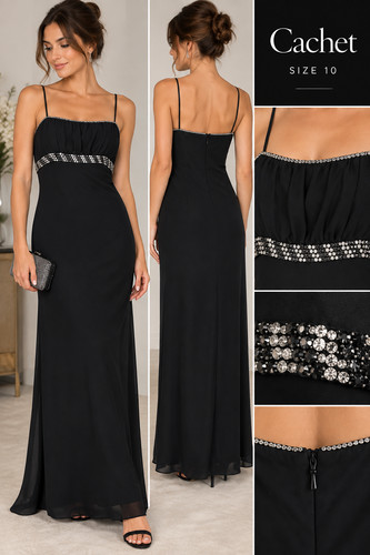 Vintage Cachet Black Rhinestone Maxi Dress 10 Y2K Glam Formal Evening Prom Gown