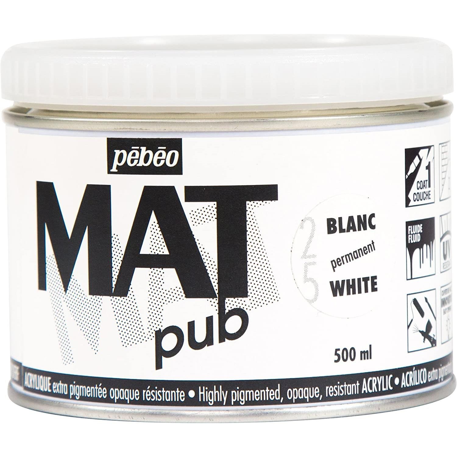 Peinture acrylique mate Pébéo blanc 500ml pour fond de toile