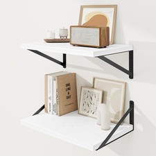 White Wood Deep Floating Shelves 16W x 12D Metal Brackets Storage Set Of 2