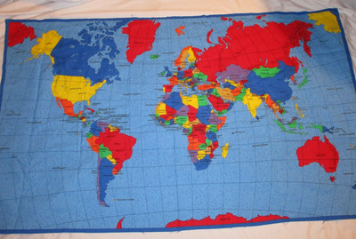 Colorful WORLD MAP Fabric Panel Fabric Traditions 1999 55'' x 33'' Fused Hem Edges