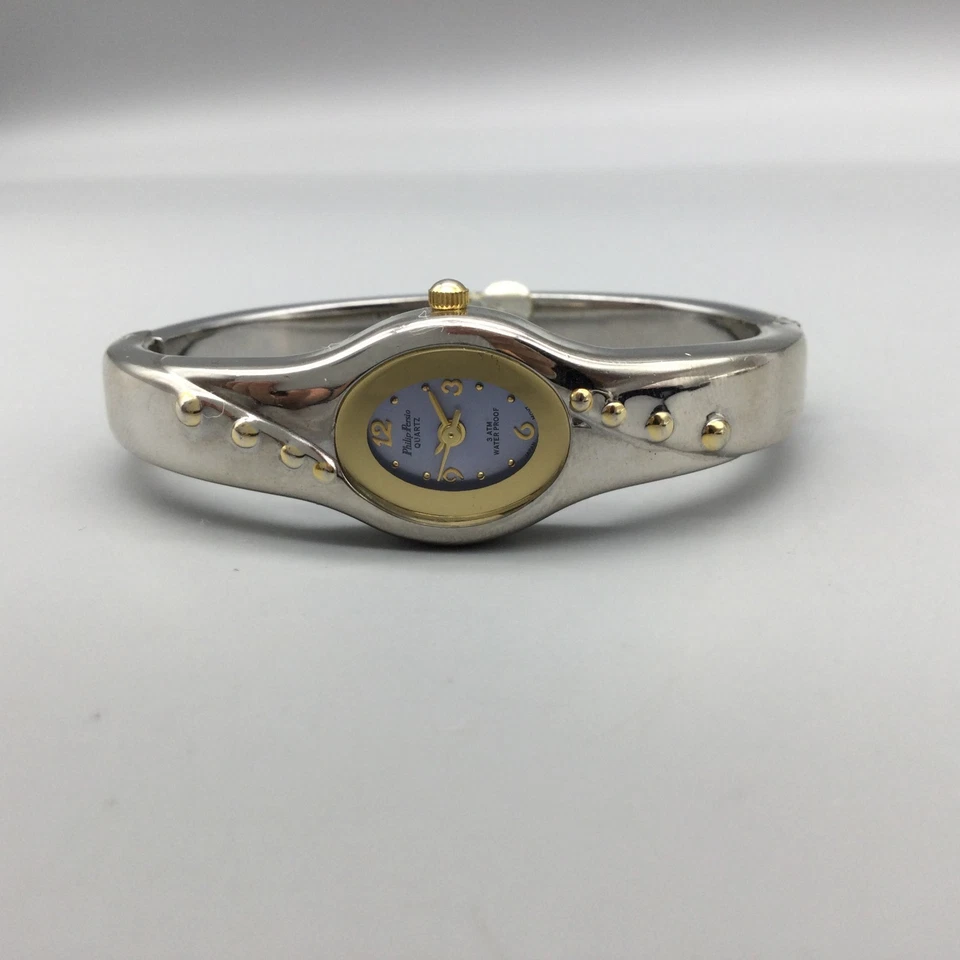 Reloj Philip Persio Mujer 18mm Tono Plateado Esfera Azul Puño Bisagras Batería Nueva 6" Foto 4 de 4