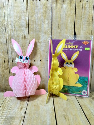 2 Vtg Beistle EASTER BUNNY Pink & Yellow Decor  Honeycomb Tissue Centerpiece