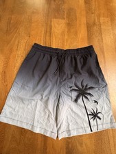 Men's Palm Tree Swim Shorts Gray Black White Size M Drawstring Elastic Waist