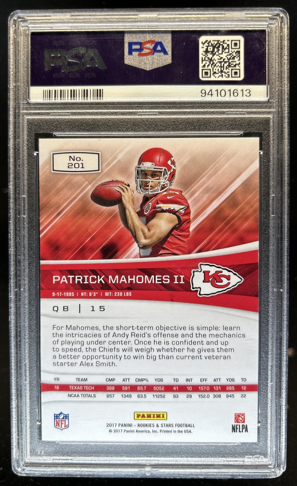 2017 Panini Rookies & Stars Patrick Mahomes II Rookie RC #201 Chiefs PSA 9 view 2