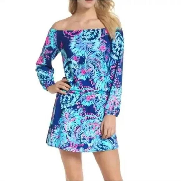 Lilly Pulitzer XL Lana Skort Romper Indigo "Gypsea Girl" Off Shoulder Dress - Image 3 of 4