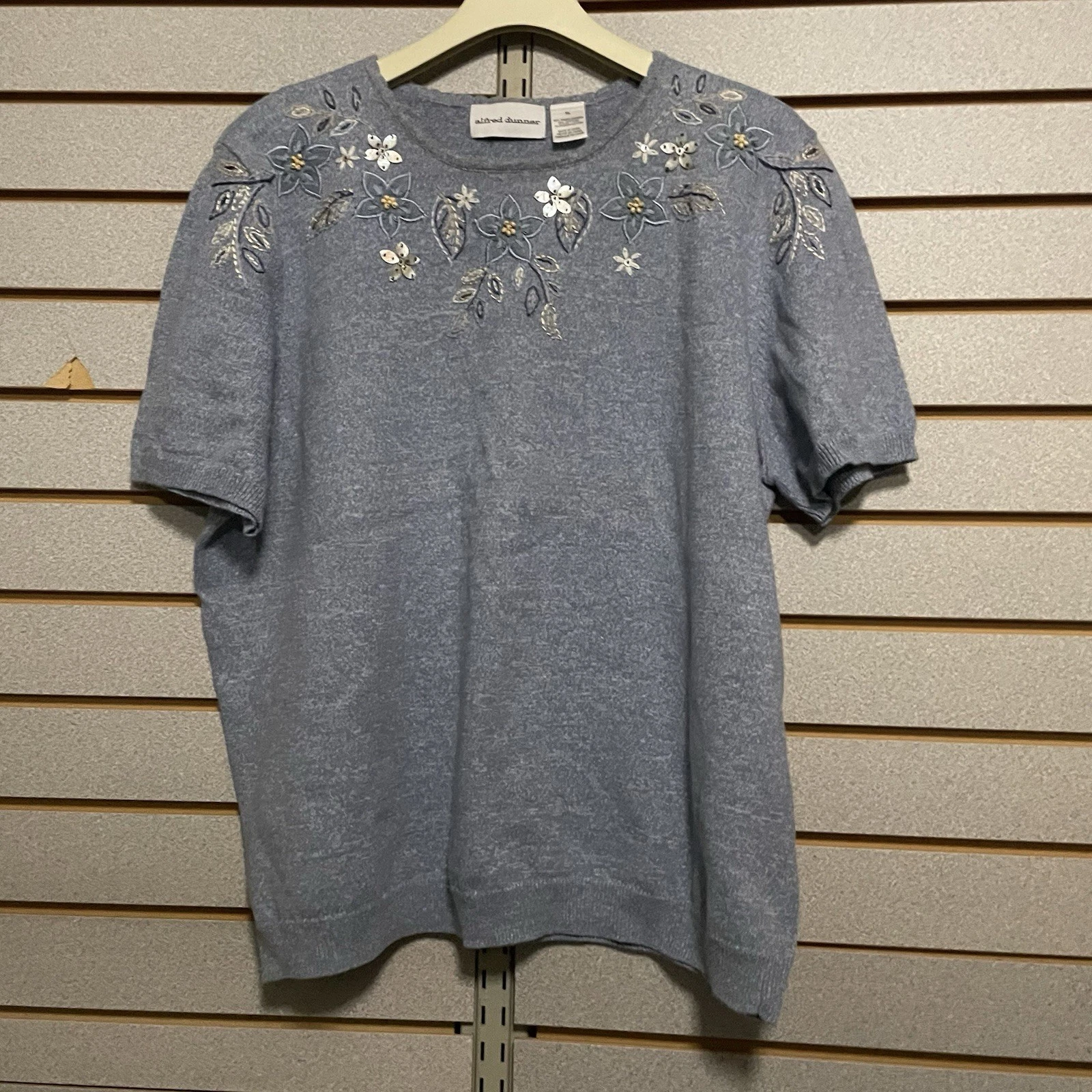 Alfred Dunner XL Blue Floral Shirt Sleeve Blouse Dress Shirt Sweater Embroidered