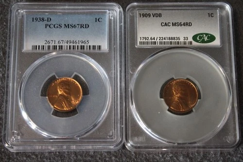 lot of 2 Wheat Back Cents CAC 1909 VDB MS64-RD & PCGS 1938-D MS67-RD