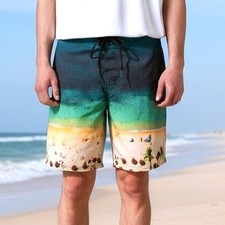 American Eagle Mens Small Board Shorts Polyester Teal Beach Scene Swim Trunks