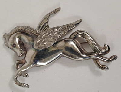 Huge Vtg Greek Mythology Pegasus Flying Horse Silver Pot Metal Brooch 3.5''