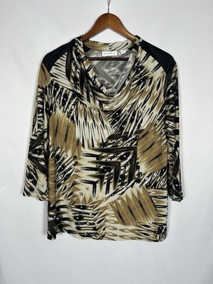 Susan Graver Womens Liquid Knit Cowl Neck Top Size M Brown Floral Print Mob Wife