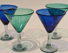 4 Mexican Hand Blown Crafted Martini Glasses, Blue & Green, Clear Thick Stem 7"T