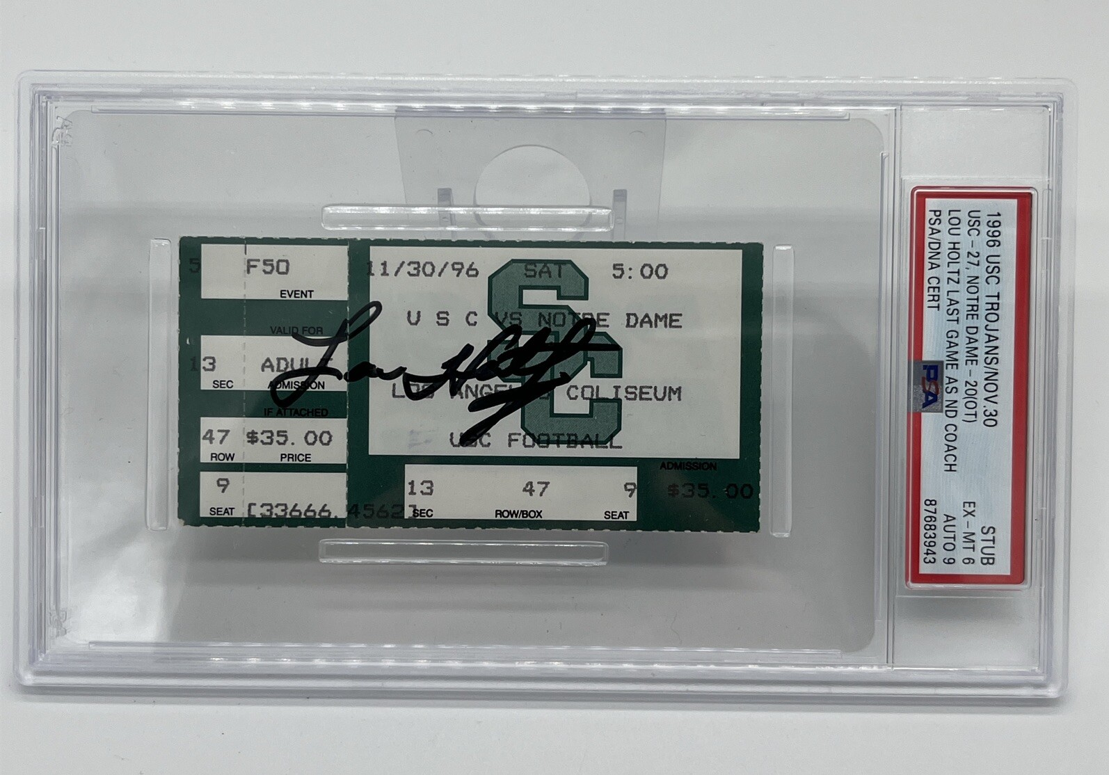 11/30/1996 Lou Holtz Final Game Notre Dame Signed Ticket Stub PSA Rare Football 