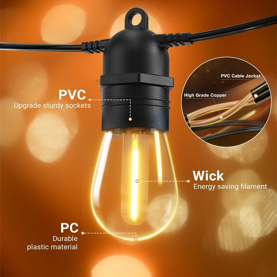 54ft String Lights S14 LED Shatterproof IP65 Warm for Outdoor Garden Patio Yard - Image 4 of 4