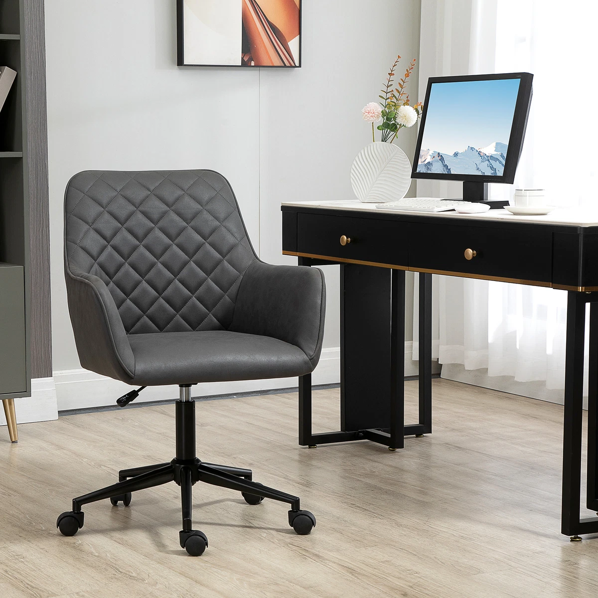 Swivel Argyle Office Chair Leather Feel Fabric Home Study Leisure with Wheels