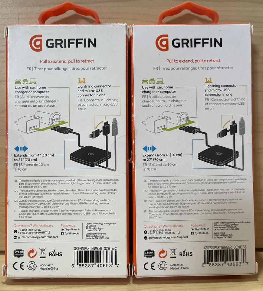 Lot Of 2- Griffin 2 in 1 Travel Charge/Sync Cable (Lightening Cable & Micro USB) - Image 2 of 2