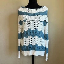 Sun & Shadow sweater women medium cotton blend striped open knit blue & white