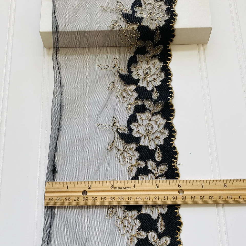 Black & Gold  Floral Embroidered Lace Trim for Sewing/Bridal/Crafts/6" Wide - Image 3 of 4