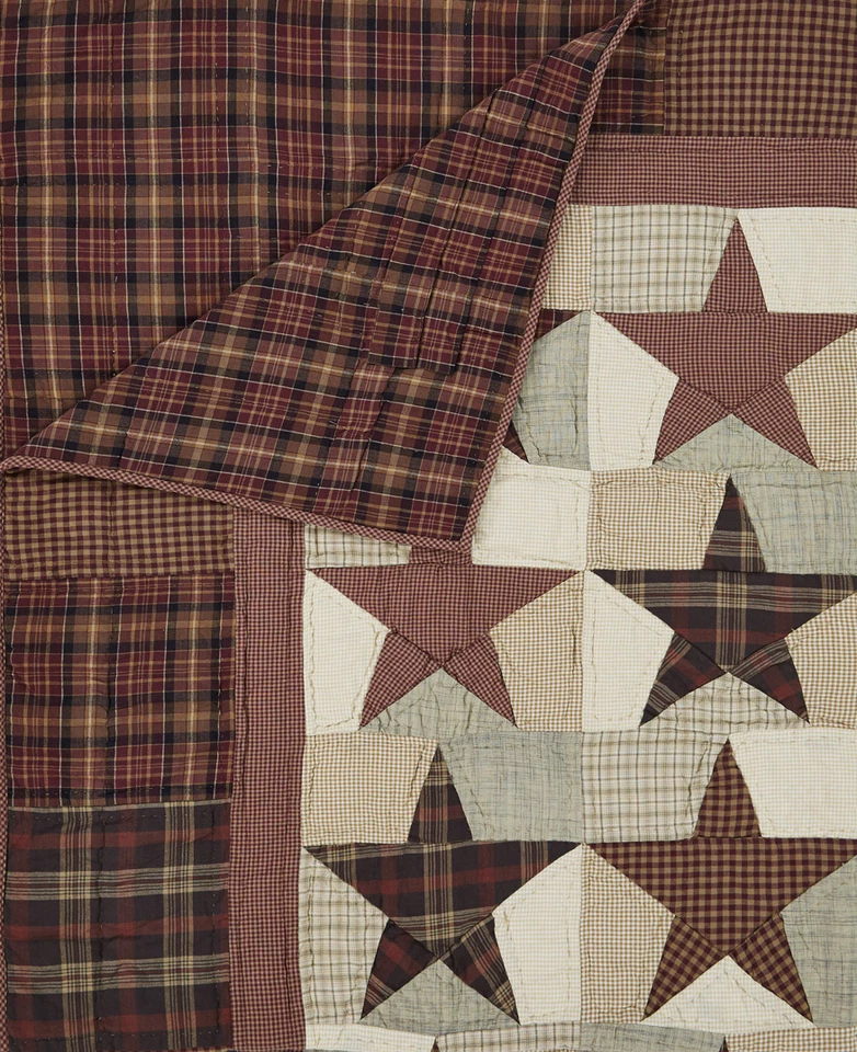 ABILENE STAR Luxury King XXL QUILT : 100% COTTON RED BROWN PLAID FARMHOUSE - Image 2 of 2
