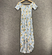 Forever 21 Dress Women M Medium Blue Floral Maxi Long Rayon Stretch Short Sleeve