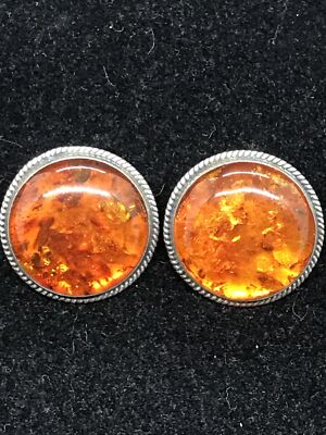 Vintage Sterling Silver 925  Amber Stones Pierced  Earrings   Makers Marked JM