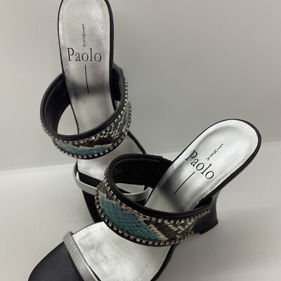 Linea Paolo Slip On BLING Snakeskin Straps Wedge High Heel Sandals US 5M 