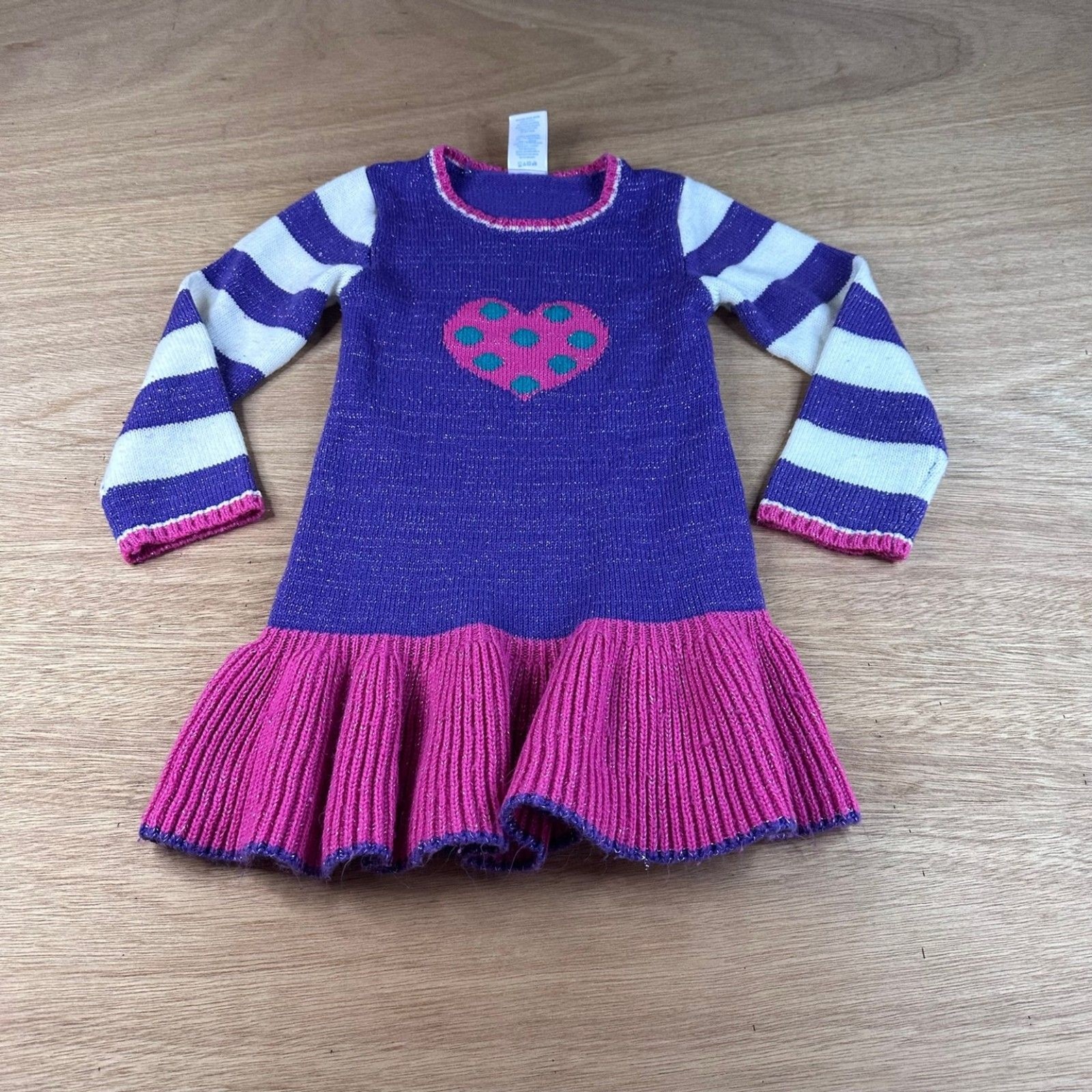 Wonder Kids Girls Sweater Dress Striped Long Sleeve Heart Pink Purple Size 4T