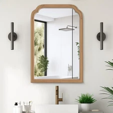 Wood Frame Wall Mirror Rounded Corner Arch Rectangle Mirror for Entryway, Liv...