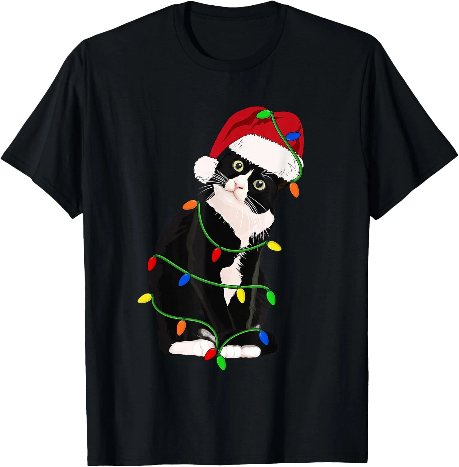 Tuxedo Cat Meow Santa Tuxie Christmas Tree Lights Graphic T-Shirt Unisex Black image 1