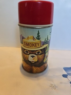 Vntg 1960s Thermos Brand Smokey the Bear Metal Thermos Fire Prevention/Rules 8oz