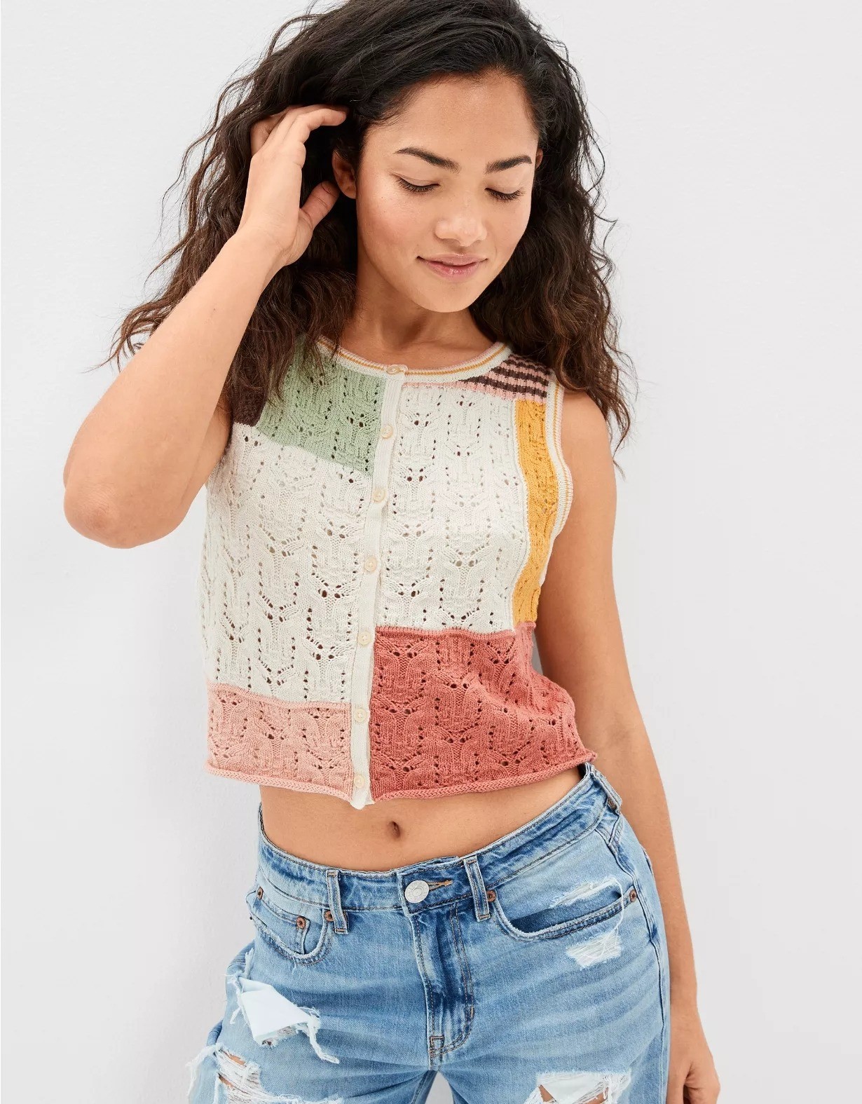 American Eagle Crochet Patchwork Vest Button Up K… - image 2
