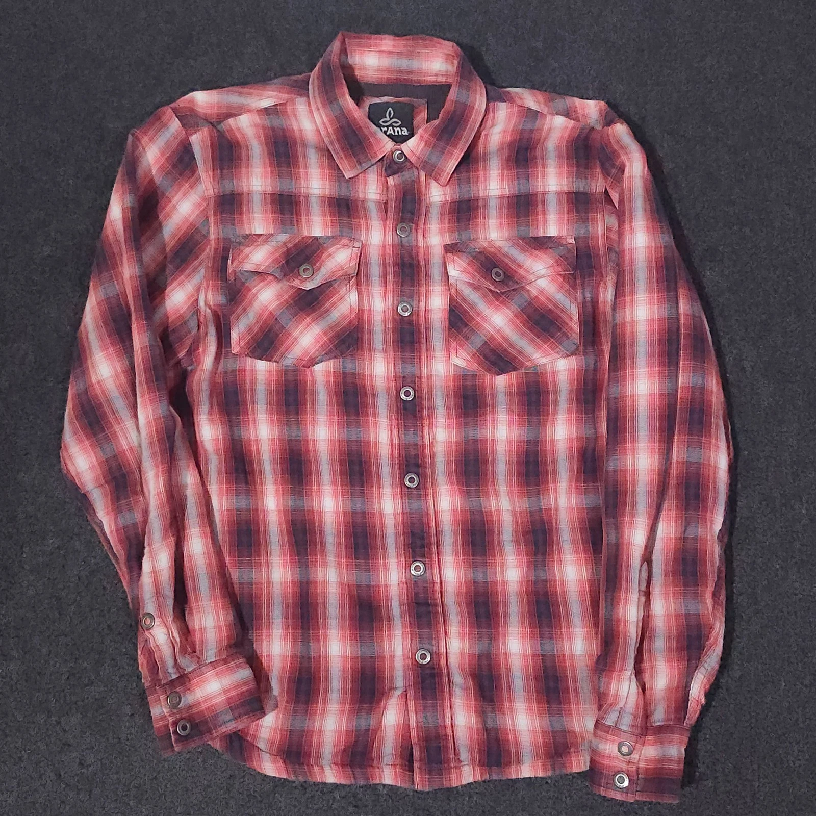 Prana Asylum Flannel Snap Shirt Men Small Red Plaid Thermal Lined Shacket Cotton