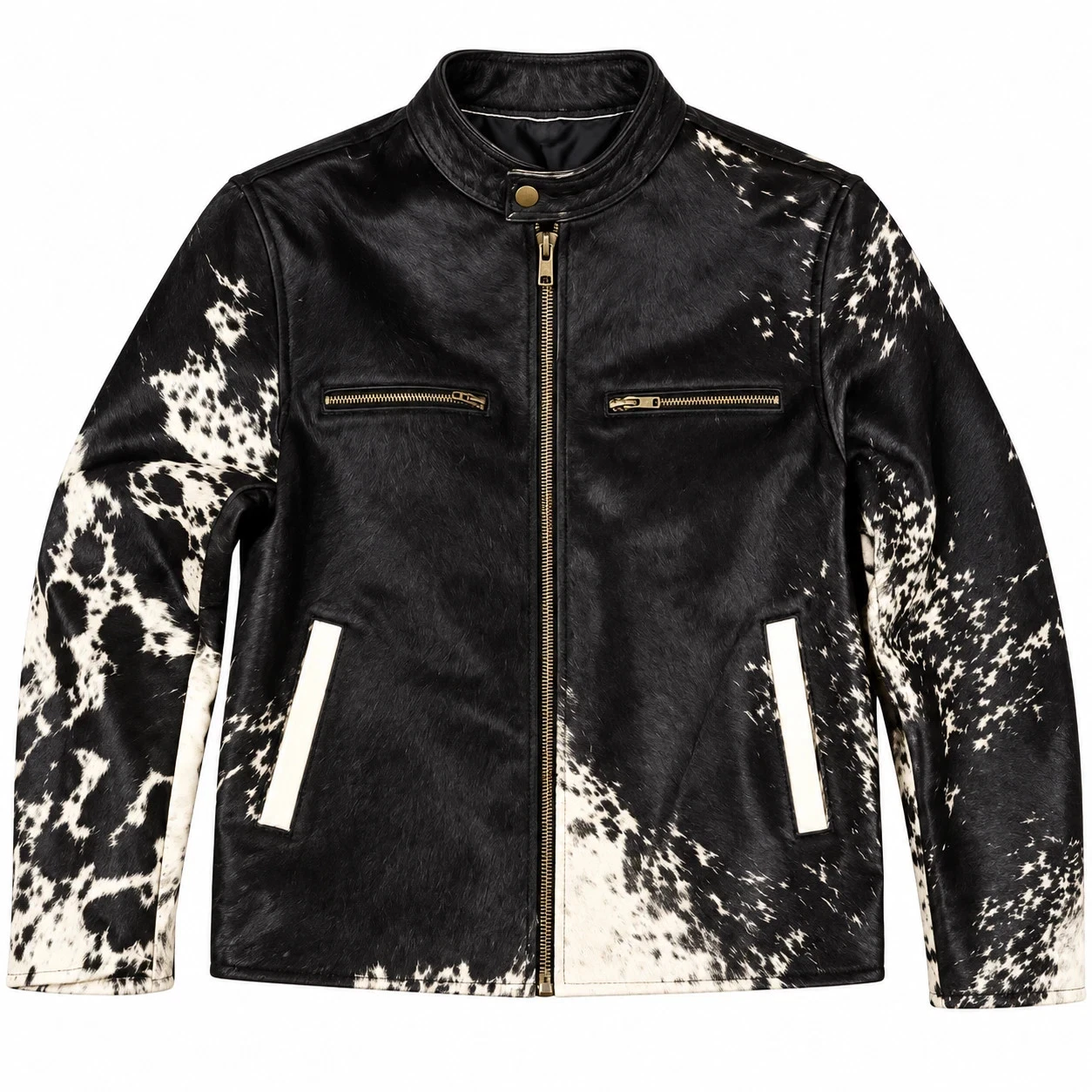 Men's Genuine Hair-On Cowhide Leather Jacket Black White Natural Western Biker image 1