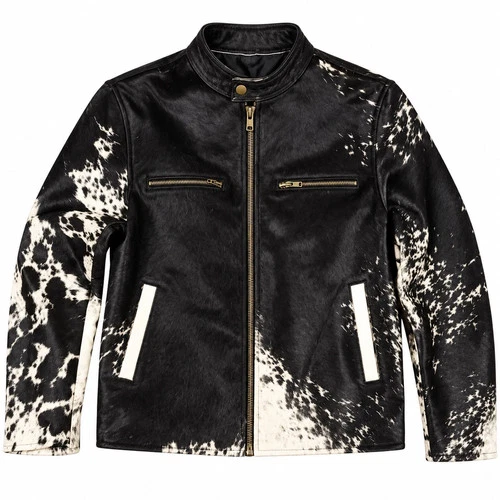 Men's Genuine Hair-On Cowhide Leather Jacket Black White Natural Western Biker - product listing photo