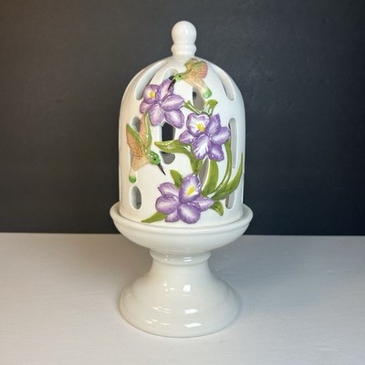 Beautiful Ceramic Bird Cage Candle Holder Butterflies Birds 11.5 