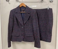 ESCADA Navy Blue Pink Silk Lined Tweed 2 Pc Suit Blazer 38/US 8, Skirt 40/US 10