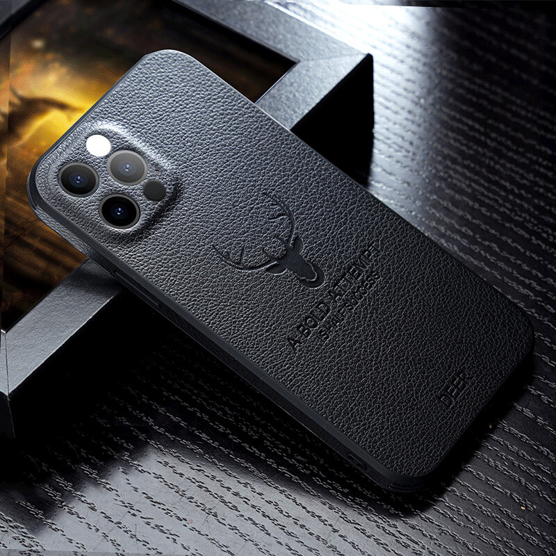 For iPhone 16 15 14 Pro Max 12 11 13 X Elk Deer Leather Silicone Soft Case Cover