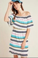 Eri + Ali Bethany Pleated Off The Shoulder Dress XS Ivory Striped Anthropologie
