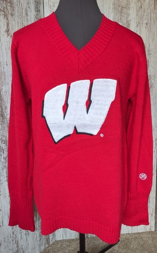 NEW Alma Mater Wisconsin Badgers Red Women V-Neck Sweater Tagged L fits XS FLAW! - 第 1/12 張圖片