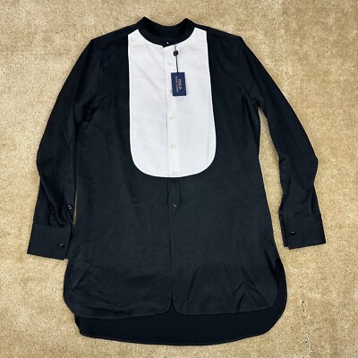 Polo Ralph Lauren Womens top 6 Mandarin Bib Collar Shirt Black tunic blouse $245