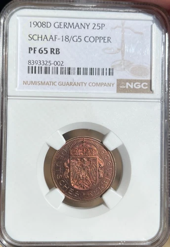 1908 D Germany Empire 25 Pfennig Schaaf  18/G5 Copper  NGC PF 65RB    Top Pop