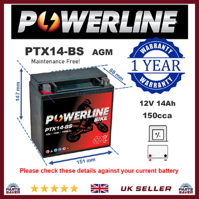 PTX14-BS Powerline AGM Motorradbatterie 12V 14Ah ersetzt YTX14-BS