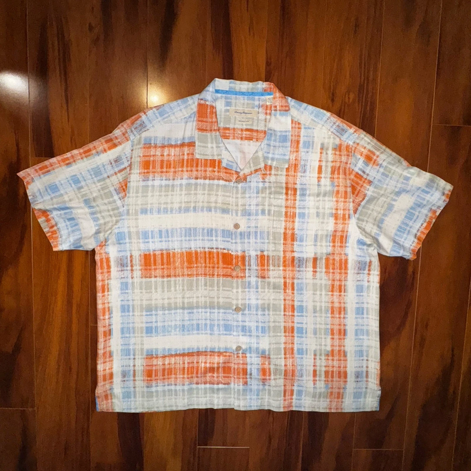 Tommy Bahama Relax Shirt 3XL Silk Blend Plaid Short Sleeve Button Up Loop Collar