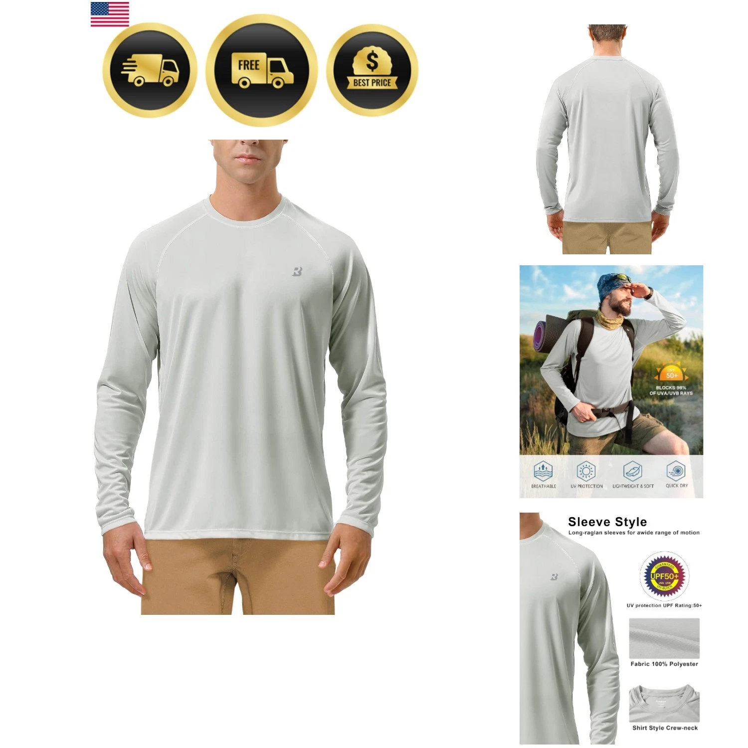 Mens UPF 50+ UV Sun Protection Shirts Outdoor Long Sleeve SPF Rash Guard for ...