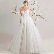 Off Shoulder Bowknot Wedding Dress Sweetheart Lace Appliques Pleat Bride Gowns