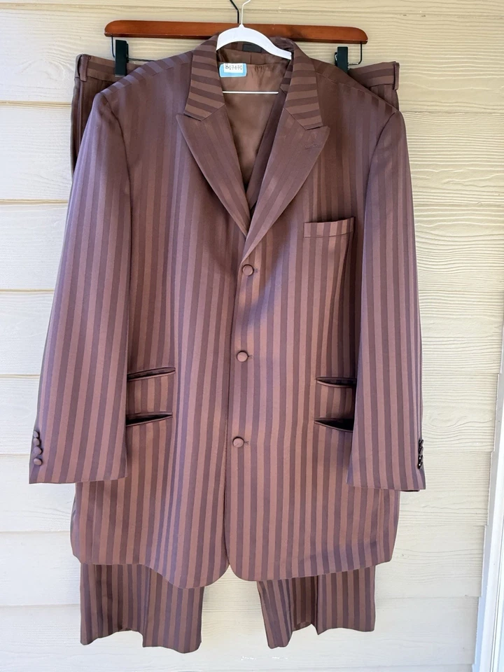 Falcone Superlative 150's Men's Brown Strip Blazer Vest Pants 3pc Suit 54L x 50L - Image 2 of 4