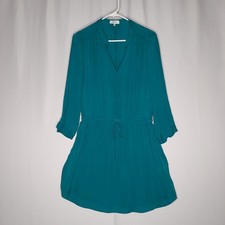Babaton Aritzia Silk Dress Medium Teal 3/4 Button V-Neck Drawstring Waist Pocket